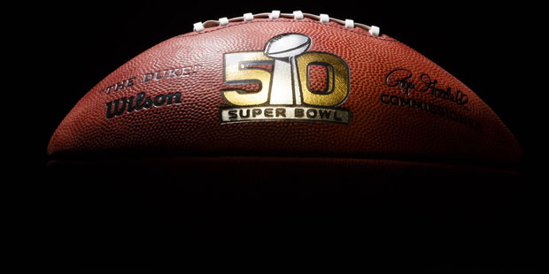 An official game ball for the NFL Super Bowl 50 football game is photographed, Tuesday, Jan. 26, 20...