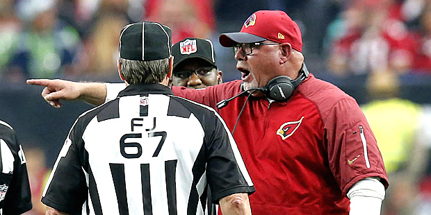 FILE - In this Jan. 3, 2016, file photo, Arizona Cardinals head coach Bruce Arians argues with the ...