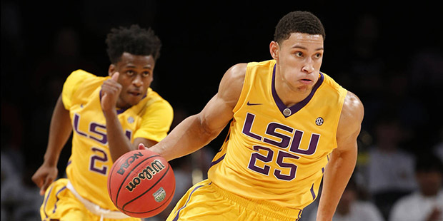 FILE - In this Nov. 24, 2015, file photo, LSU forward Ben Simmons (25) drives downcourt as teammate...