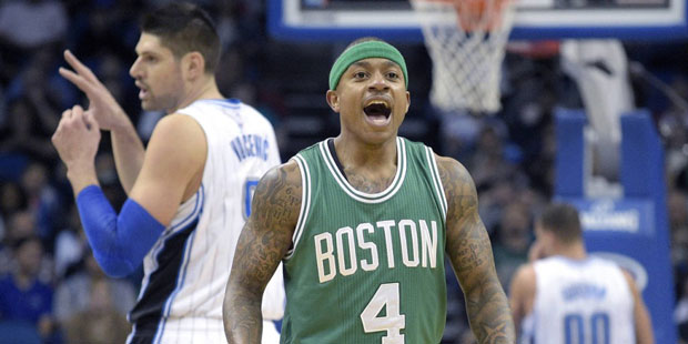 Boston Celtics guard Isaiah Thomas (4) complains to an official after attempting a shot as Orlando ...