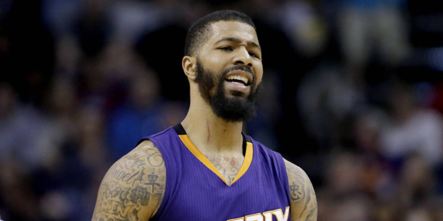 Phoenix Suns' Markieff Morris reacts to a call during the second half of the team's NBA basketball ...