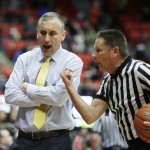 Arizona State coach Bobby Hurley, left, disputes a call with an official during the first half of his team's NCAA college basketball game against Washington State, Saturday, Feb. 6, 2016, in Pullman, Wash. (AP Photo/Young Kwak)