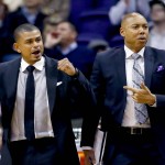Phoenix Suns head coach Earl Watson, left, and assistant coach Corey Gaines react to a call during the second half of an NBA basketball game against the Toronto Raptors, Tuesday, Feb. 2, 2016, in Phoenix. (AP Photo/Matt York)