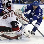 Tampa Bay Lightning's Victor Hedman, of Sweden, looks for a rebound in front of Arizona Coyotes' Louis Domingue during the second period of an NHL hockey game Tuesday, Feb. 23, 2016, in Tampa, Fla. (AP Photo/Mike Carlson)