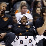 Phoenix Suns' Tyson Chandler, left, P.J. Tucker, middle, and Kris Humphries sit during the fourth quarter of the team's NBA basketball game against the Brooklyn Nets, Thursday, Feb. 25, 2016, in Phoenix. The Nets defeated the Suns 116-106. (AP Photo/Rick Scuteri)