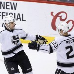 Los Angeles Kings' Dustin Brown (23) celebrates his goal against the Arizona Coyotes with Milan Lucic, left, during the second period of an NHL hockey game Tuesday, Feb. 2, 2016, in Glendale, Ariz. (AP Photo/Ross D. Franklin)