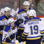 St. Louis Blues' Jaden Schwartz (17) smiles as he celebrates his goal against the Arizona Coyotes with Jay Bouwmeester (19), Vladimir Tarasenko (91), of Russia, and Colton Parayko (55) during the first period of an NHL hockey game Saturday, Feb. 20, 2016, in Glendale, Ariz. (AP Photo/Ross D. Franklin)