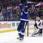 Tampa Bay Lightning's Cedric Paquette celebrates a penalty shot goal against Arizona Coyotes' Louis Domingue during the second period of an NHL hockey game Tuesday, Feb. 23, 2016, in Tampa, Fla. (AP Photo/Mike Carlson)