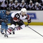 Arizona Coyotes' Jordan Martinook (48) is chased by San Jose Sharks' Patrick Marleau (12) during the second period of an NHL hockey game Saturday, Feb. 13, 2016, in San Jose, Calif. (AP Photo/Marcio Jose Sanchez)