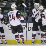 Arizona Coyotes' Martin Hanzal, second from right, celebrates his goal with teammates during the second period of an NHL hockey game against the San Jose Sharks on Saturday, Feb. 13, 2016, in San Jose, Calif. (AP Photo/Marcio Jose Sanchez)