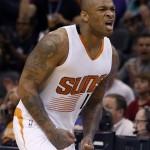 Phoenix Suns forward P.J. Tucker reacts after getting fouled against the Memphis Grizzlies during the fourth quarter of an NBA basketball game, Saturday, Feb. 27, 2016, in Phoenix. The Suns defeated the Grizzlies 111-106. (AP Photo/Rick Scuteri)
