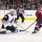 Arizona Coyotes goalie Louis Domingue (35) makes a save against Washington Capitals left wing Jason Chimera (25) during the second period of an NHL hockey game on Monday, Feb. 22, 2016, in Washington. (AP Photo/Evan Vucci)