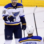 St. Louis Blues' Carl Gunnarsson, right, of Sweden, celebrates his goal against the Arizona Coyotes with Troy Brouwer (36) during the first period of an NHL hockey game Saturday, Feb. 20, 2016, in Glendale, Ariz. (AP Photo/Ross D. Franklin)