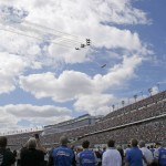 U.S. Air Force Thunderbirds perform a flyover before the start of the NASCAR Daytona 500 Sprint Cup Series auto race at Daytona International Speedway in Daytona Beach, Fla., Sunday, Feb. 21, 2016. (AP Photo/Terry Renna)
