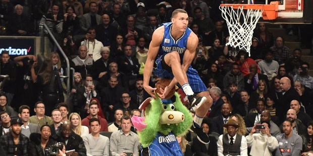 Orlando Magic forward Aaron Gordon competes during the NBA all-star slam dunk skills competition in...