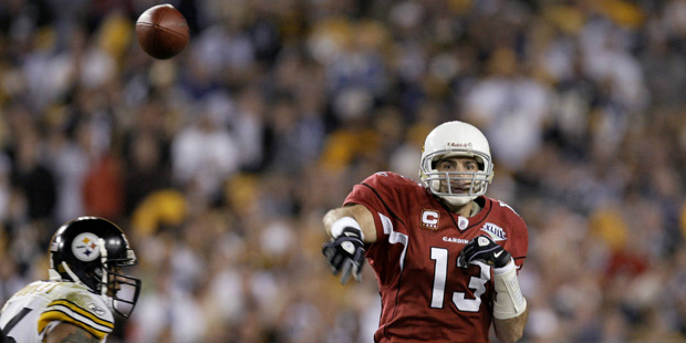 FILE - In this Feb. 1, 2009, file photo, Arizona Cardinals quarterback Kurt Warner throws a pass du...