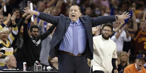 Chicago Bulls coach Tom Thibodeau reacts during the first half of Game 5 against the Cleveland Cava...