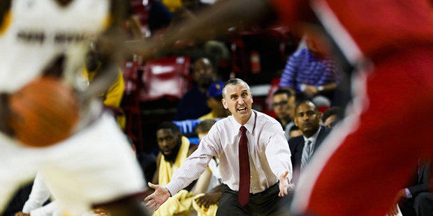 Arizona State coach Bobby Hurley reacts after a play during the team's NCAA college basketball game...