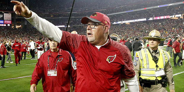 Arizona Cardinals head coach Bruce Arians celebrates after an NFL divisional playoff football game ...