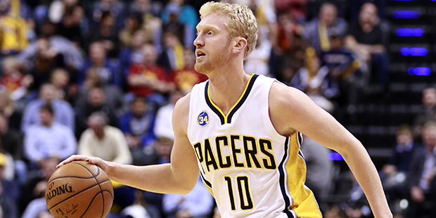 Indiana Pacers forward Chase Budinger dribbles the basketball against the Charlotte Hornets in the ...