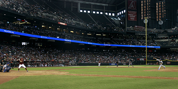 General view of Chase Field during action in baseball game between the Arizona Diamondbacks and Los...