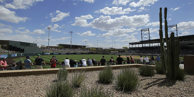 Fans at Salt River Fields at Talking Stick watch along the left field foul line during the fifth in...