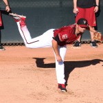 Pitcher Zack Godley throws a bullpen session before the D-backs played the Reds Wednesday night. (Photo by Jessica Watts/Cronkite News)