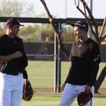 Paul Goldschmidt (left) and Nick Ahmed talk baseball before hitting the field for an afternoon workout. (Photo by Jessica Watts/Cronkite News)