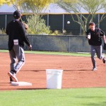 Infielder Phil Gosselin focuses on ground balls during a morning workout at Salt River Fields. (Photo by Jessica Watts/Cronkite News)