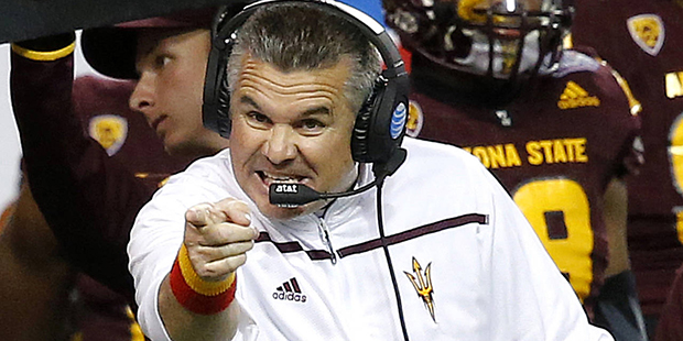 Arizona State head coach Todd Graham yells during the second half of the Cactus Bowl NCAA college f...