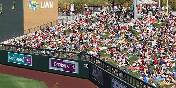 D-backs fans soak up the sun and their favorite team in the Banana Boat Lawn. (Photo by Jessica Wat...