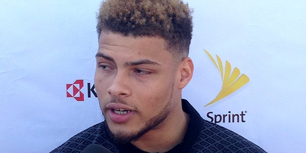 Tyrann Mathieu chats with the media at the Arians Family Foundation Golf Classic. (Photo by Craig G...