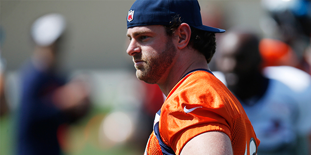 Denver Broncos offensive lineman Evan Mathis during an NFL football scrimmage at the Broncos' headq...