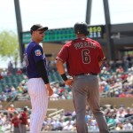 David Peralta chats up Rockies’ third baseman Nolan Arenado between batters.(Photo by Kylee Sam/Cronkite News)
