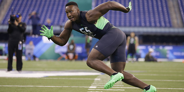 Eastern Kentucky defensive lineman Noah Spence runs a drill at the NFL football scouting combine in...
