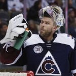 Colorado Avalanche goalie Semyon Varlamov, of Russia, takes a drink during a time out against the Arizona Coyotes in the second period of an NHL hockey game, Monday, March 7, 2016, in downtown Denver. (AP Photo/David Zalubowski)