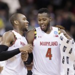 Maryland forward Robert Carter (4) and guard Rasheed Sulaimon celebrate after winning a second-round men's college basketball game against Hawaii in the NCAA Tournament in Spokane, Wash., Sunday, March 20, 2016. Maryland won 73-60. (AP Photo/Young Kwak)
