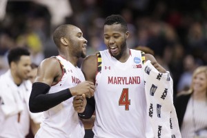 Maryland forward Robert Carter (4) and guard Rasheed Sulaimon celebrate after winning a second-round men's college basketball game against Hawaii in the NCAA Tournament in Spokane, Wash., Sunday, March 20, 2016. Maryland won 73-60. (AP Photo/Young Kwak)