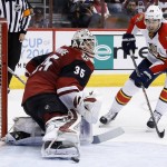 Arizona Coyotes' Louis Domingue (35) makes a save on a shot by Florida Panthers' Garrett Wilson (28) during the second period of an NHL hockey game Saturday, March 5, 2016, in Glendale, Ariz. (AP Photo/Ross D. Franklin)