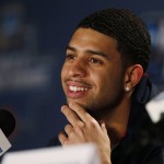 Gonzaga guard Josh Perkins jokes with reporters during a news conference as the team prepares for a 
second-round men's college basketball game Friday, March 18, 2016, in the NCAA Tournament in Denver. Utah will face Gonzaga on Saturday. (AP Photo/David Zalubowski)