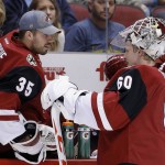 Arizona Coyotes' Niklas Treutle (60), of Germany, talks with fellow goalie Louis Domingue (35) during the first period of an NHL hockey game against the Anaheim Ducks on Thursday, March 3, 2016, in Glendale, Ariz. (AP Photo/Ross D. Franklin)