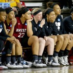 New Mexico State players watch during the second half of a first-round women's college basketball game against Arizona State in the NCAA Tournament, Friday, March 18, 2016, in Tempe, Ariz. Arizona State won 74-52. (AP Photo/Matt York)