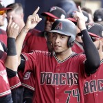 Arizona Diamondbacks' Carlos Rivero celebrates in the dugout after scoring on a two-run double by Nick Ahmed during the fifth inning of a spring training baseball game against the Seattle Mariners Monday, March 7, 2016, in Peoria, Ariz. (AP Photo/Charlie Riedel)