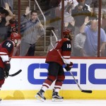 Fans cheer on Arizona Coyotes' Anthony Duclair (10) after his second goal against the Calgary Flames as teammate Max Domi (16) skates behind him during the second period of an NHL hockey game Monday, March 28, 2016, in Glendale, Ariz. (AP Photo/Ross D. Franklin)