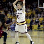 Arizona State guard Katie Hempen (0) looks to pass against New Mexico State during the second half of a first-round women's college basketball game in the NCAA Tournament, Friday, March 18, 2016, in Tempe, Ariz. Arizona State won 74-52. (AP Photo/Matt York)