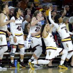 The Arizona State bench cheers a three pointer during the first half of a second-round NCAA women's college basketball game against Tennessee, Sunday, March 20, 2016, in Tempe, Ariz. (AP Photo/Matt York)