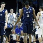 Yale's Justin Sears (22) and Anthony Dallier (1) react in front of Duke's Grayson Allen (3) after a turnover during the second half in the second round of the NCAA men's college basketball tournament in Providence, R.I., Saturday, March 19, 2016. Duke won 71-64. (AP Photo/Michael Dwyer)