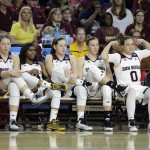 Arizona State players cross their legs during an Arizona State free throw in the second half of a first-round women's college basketball game against New Mexico State in the NCAA Tournament, Friday, March 18, 2016, in Tempe, Ariz. Arizona State won 74-52. (AP Photo/Matt York)