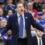 Kentucky coach John Calipari disagrees with a ruling by the referee during a second-round men's college basketball game against Indiana in the NCAA Tournament in Des Moines, Iowa, Saturday, March 19, 2016. (AP Photo/Nati Harnik)