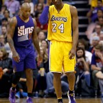 Los Angeles Lakers forward Kobe Bryant (24) reacts to a turnover during the second half of the Lakers' NBA basketball game against the Phoenix Suns, Wednesday, March 23, 2016, in Phoenix. The Suns won 119-107. (AP Photo/Matt York)